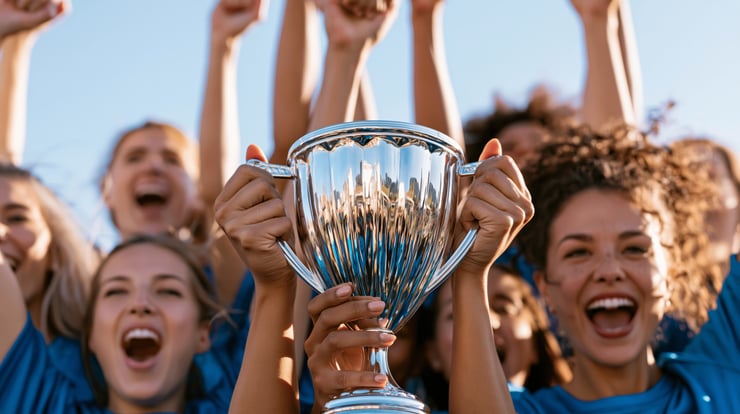 Group of young female athletes holding up a silver trophy emphasizing the feeling winning has on youth sports mental health. 