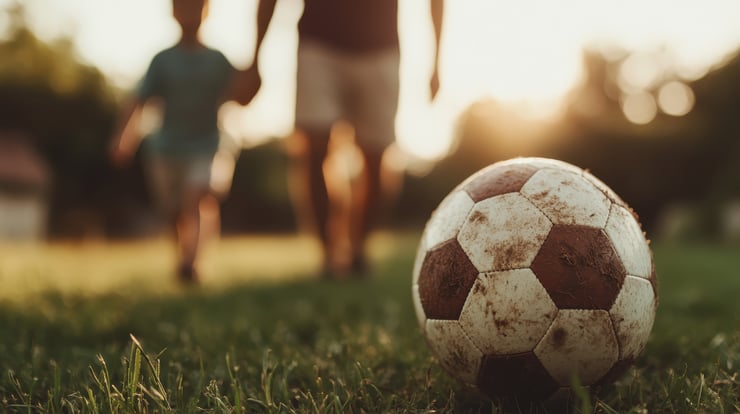 Father and child walking hand-in-hand with a soccer ball resting in the grass
